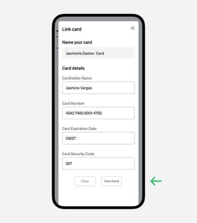 Link DasherDirect card form filled